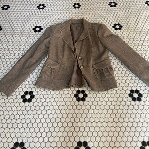 Ann Taylor Virgin Wool Feminine Brown Tweed Blazer Jacket 2 Petite